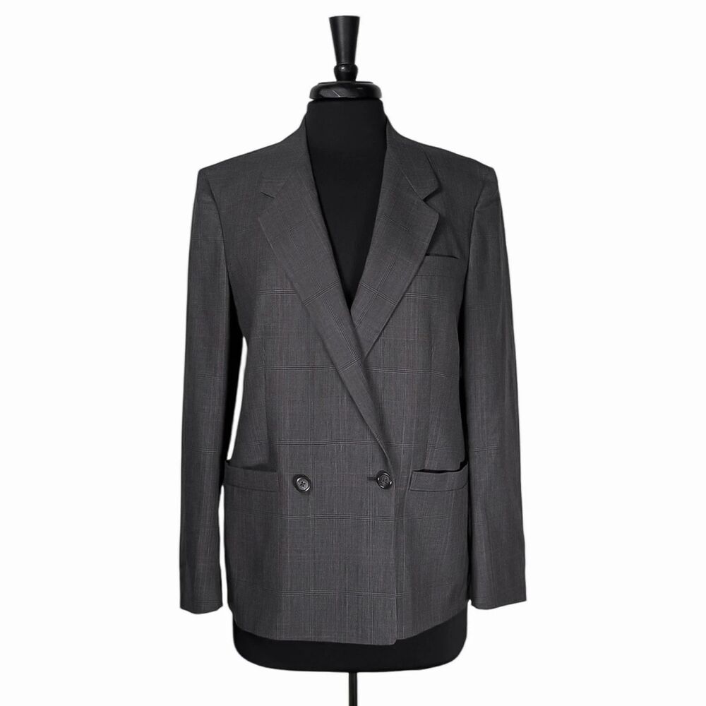 Burberrys Mens 38R Gray Windowpane Wool Double Breasted Blazer Vintage Jacket